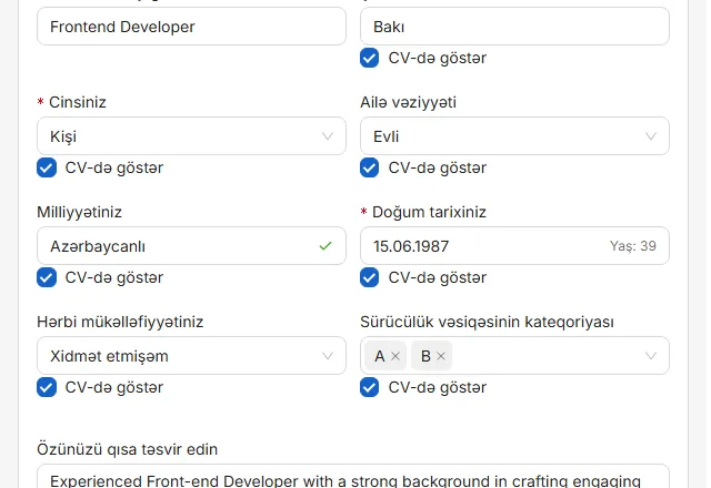 Sahənin yanındakı göz onun çap olunub-olunmayacağını həll edir. Üstündən xətt çəkilibsə, məlumat proqramda qalır, CV-də görünmür.