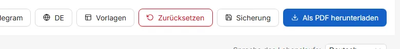 Die Schaltflächen in der oberen Leiste: Vorlage wählen, neu anfangen, Sicherungsdatei speichern und PDF herunterladen.