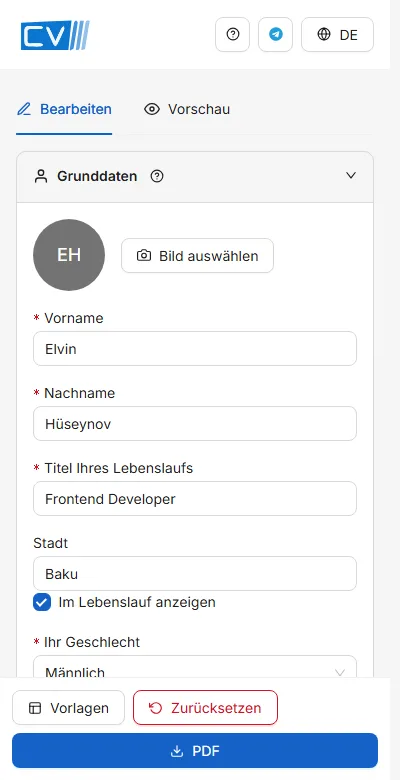 Auf dem Telefon sind Formular und Vorschau getrennte Reiter, die Hauptschaltflächen bleiben unten fixiert.