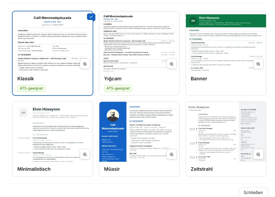 Die Vorlagengalerie. Das Abzeichen markiert die Layouts, die für automatische Bewerbungsprüfung am sichersten sind.