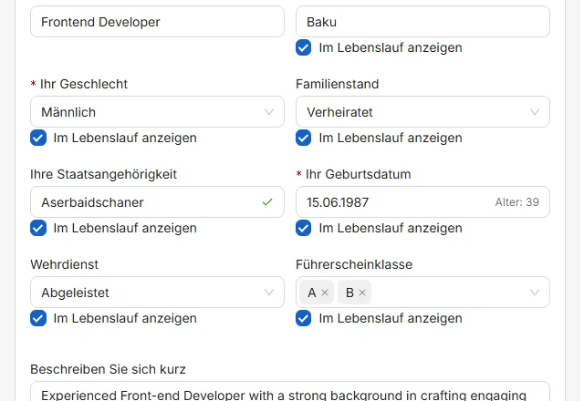 Das Auge neben einem Feld entscheidet, ob es gedruckt wird. Durchgestrichen heißt: bleibt in der App, aber nicht im Lebenslauf.