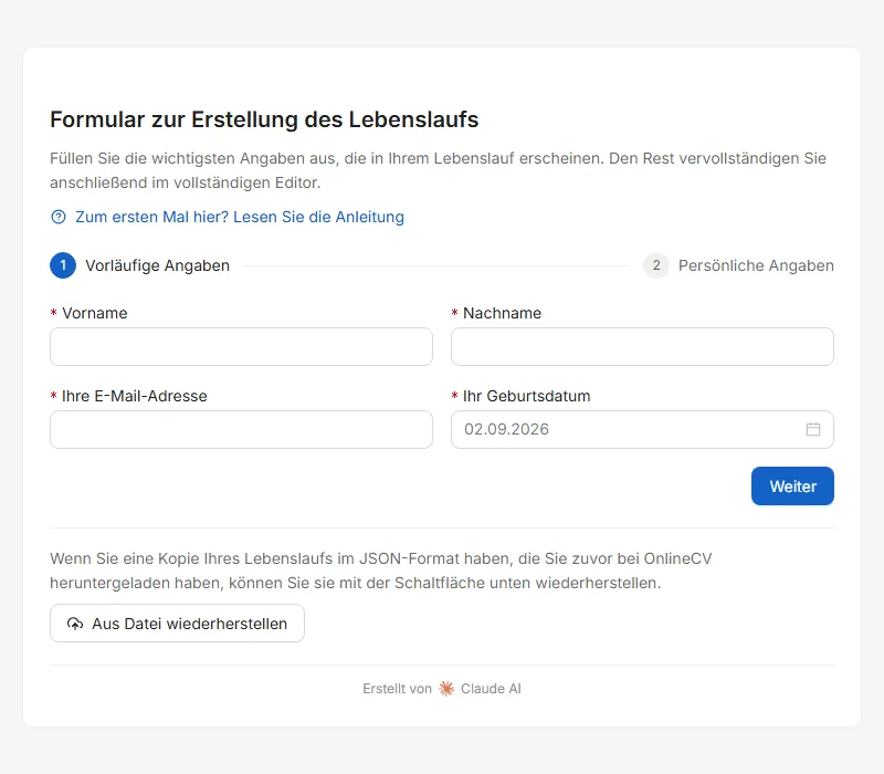 Der erste Bildschirm. Nichts davon wird verschickt — es geht direkt in Ihren eigenen Browser.