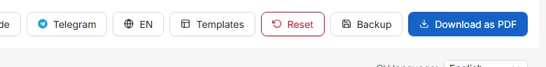 The buttons in the top bar: choose a template, start over, save a backup file, and download the PDF.