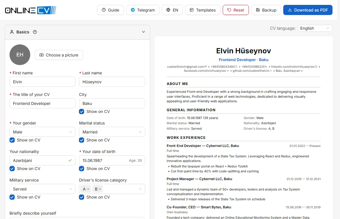 The main screen: you fill in the form on the left, and the finished CV appears on the right.