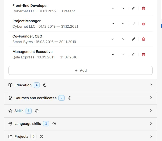 A section and its entries. Use Add to create one, the pencil to change one, and the bin to remove one.