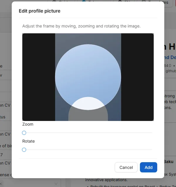 Framing a photo: drag to move it, zoom and rotate until the circle shows what you want.