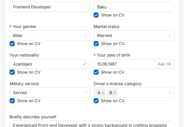 The eye beside a field decides whether it is printed. Crossed out means the detail stays in the app but not on the CV.