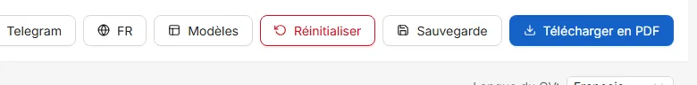Les boutons de la barre supérieure : choisir un modèle, recommencer, enregistrer une sauvegarde et télécharger le PDF.