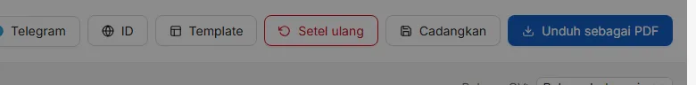 Tombol-tombol di bilah atas: pilih template, mulai dari awal, simpan berkas cadangan, dan unduh PDF.