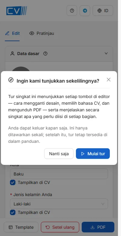 Di ponsel, formulir dan pratinjau menjadi tab terpisah, dengan tombol utama tetap berada di bagian bawah.