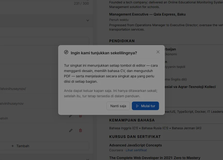 Galeri template. Lencana menandai desain yang paling aman untuk penyaringan CV otomatis.