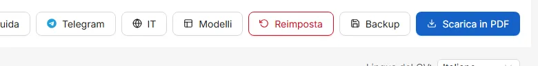 I pulsanti nella barra in alto: scegliere un modello, ricominciare, salvare un backup e scaricare il PDF.