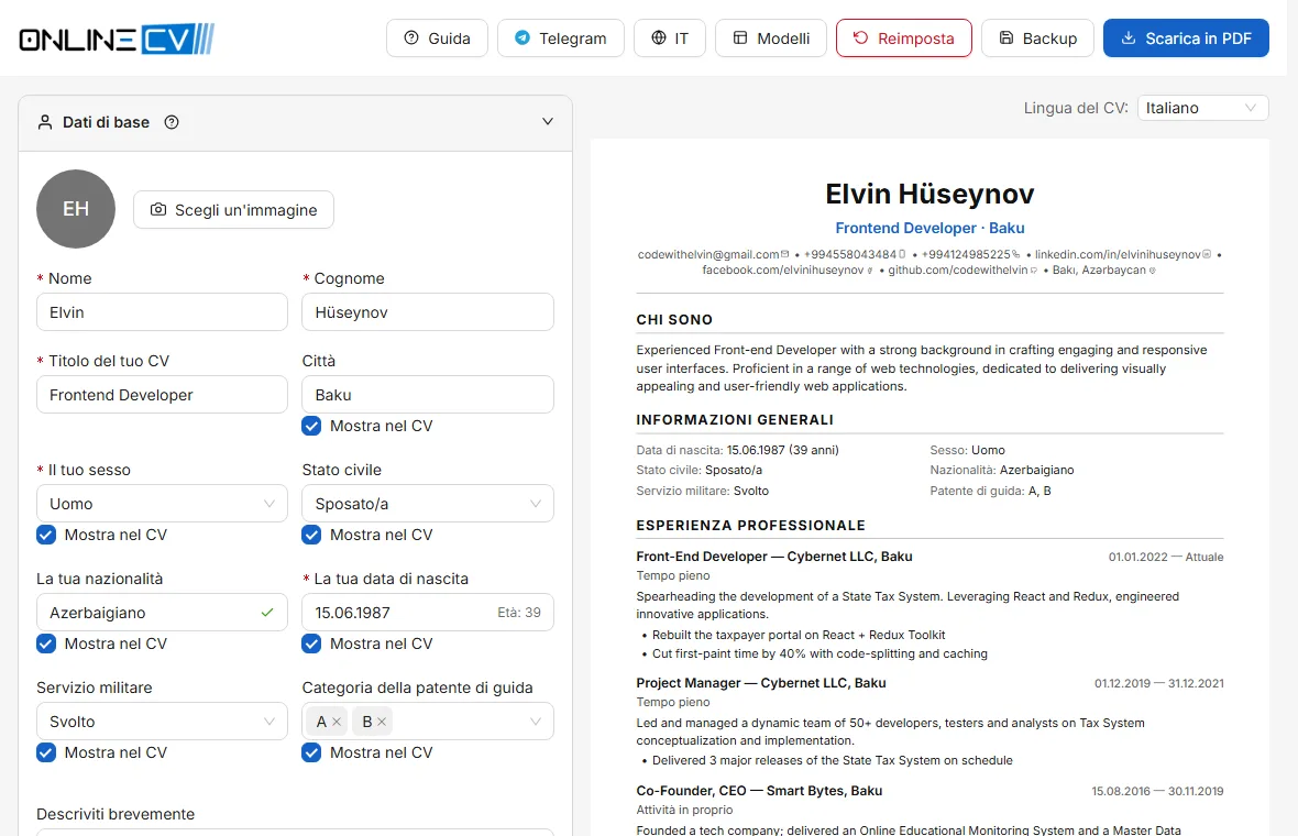 La schermata principale: compili il modulo a sinistra e il CV finito compare a destra.