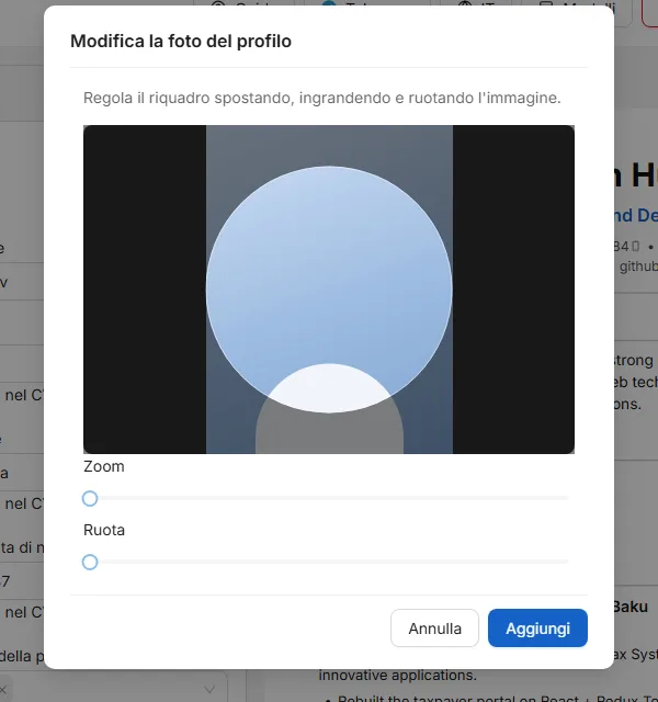 Inquadrare una foto: trascina, ingrandisci e ruota finché nel cerchio non c'è quello che vuoi.
