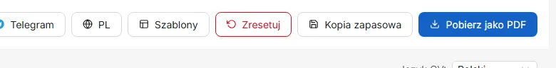 Przyciski na górnym pasku: wybór szablonu, zaczynanie od nowa, zapis kopii zapasowej i pobranie PDF.