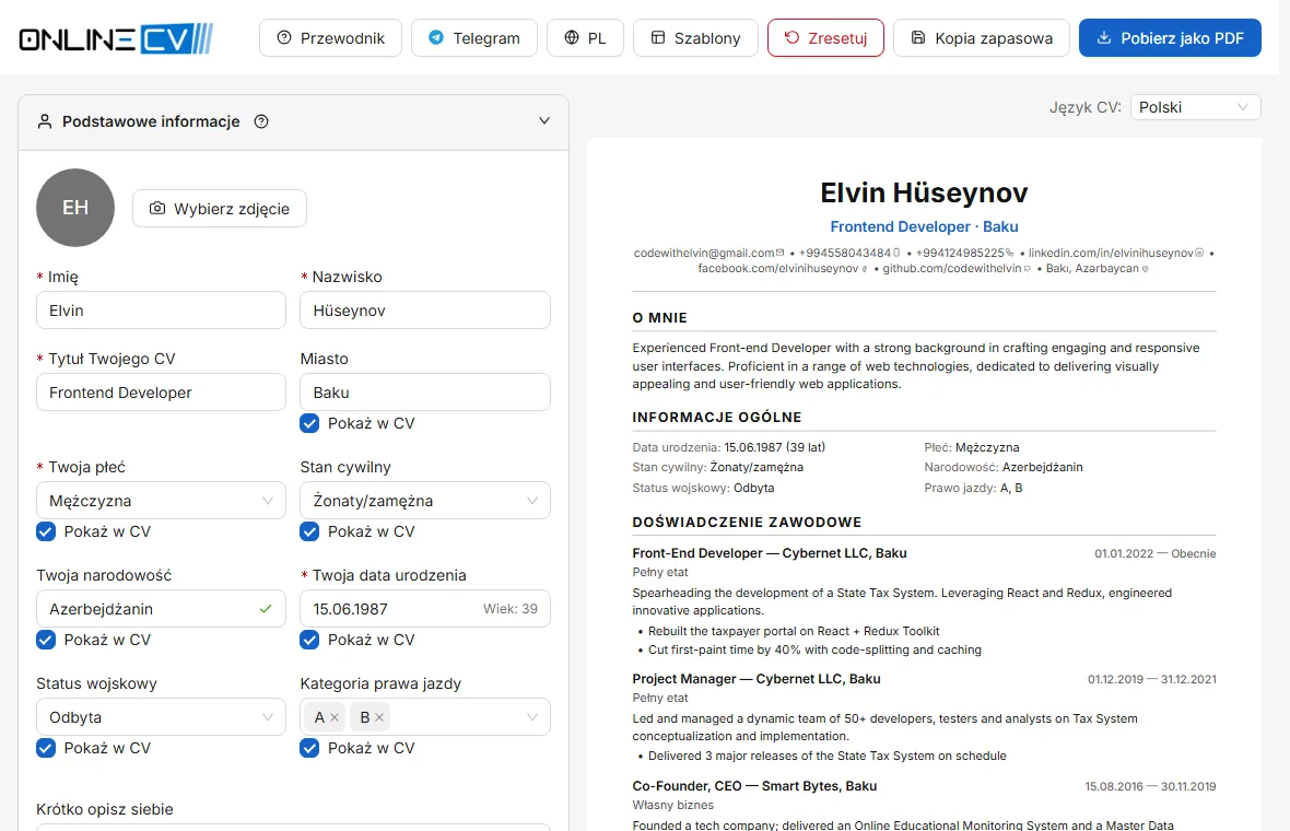 Główny ekran: po lewej wypełniasz formularz, po prawej pojawia się gotowe CV.