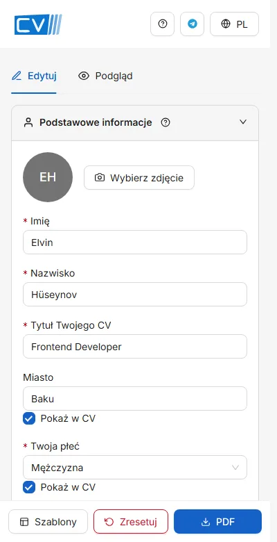 Na telefonie formularz i podgląd to osobne zakładki, a główne przyciski są przypięte na dole.