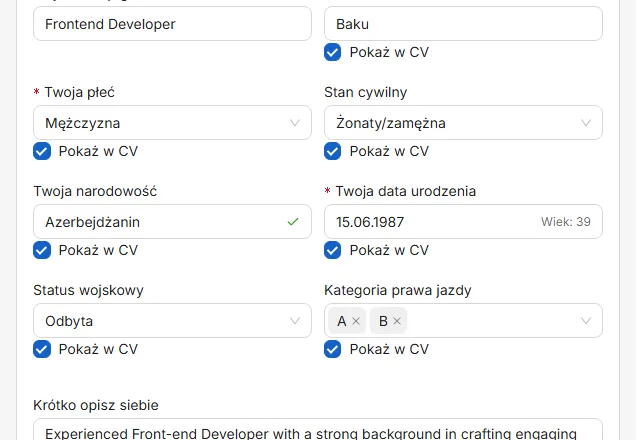 Oko przy polu decyduje, czy zostanie wydrukowane. Przekreślone oznacza, że dana zostaje w aplikacji, ale nie w CV.