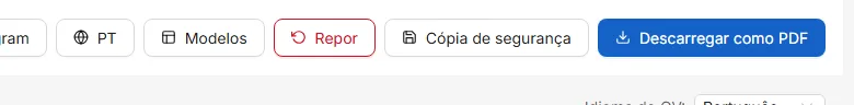 Os botões na barra superior: escolher um modelo, recomeçar, guardar uma cópia de segurança e descarregar o PDF.