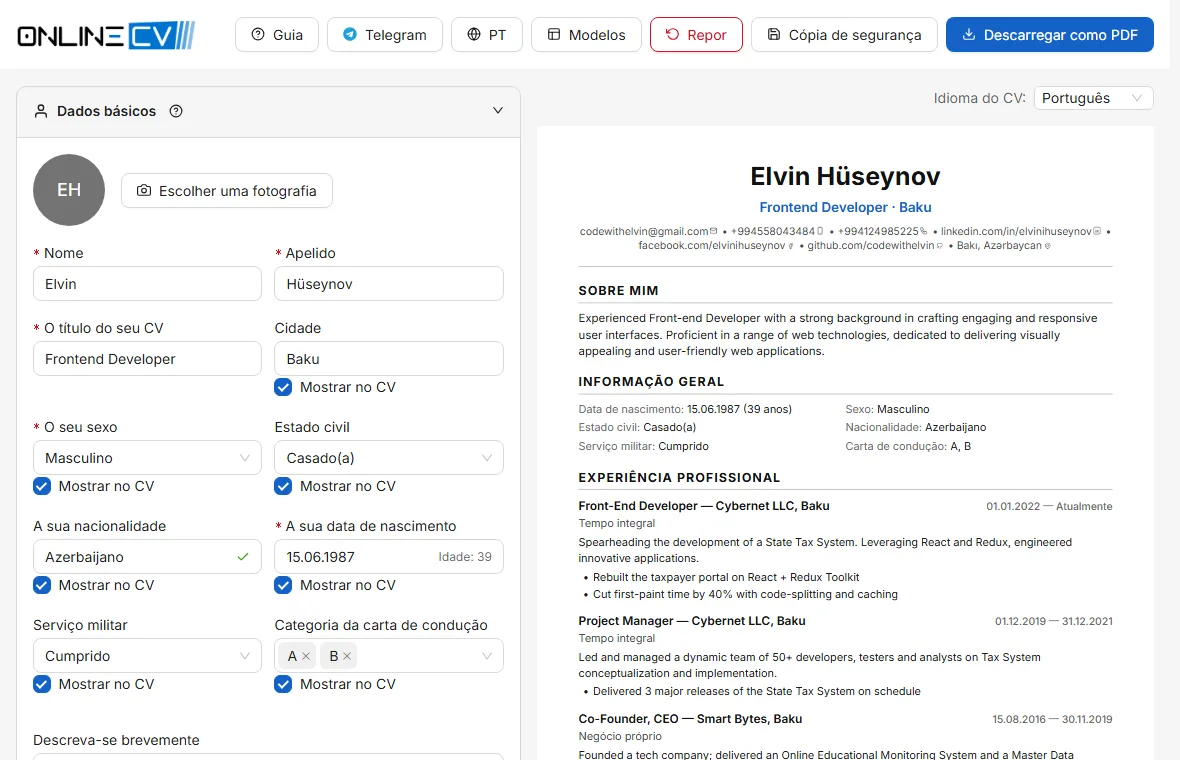 O ecrã principal: preenche o formulário à esquerda e o CV terminado aparece à direita.