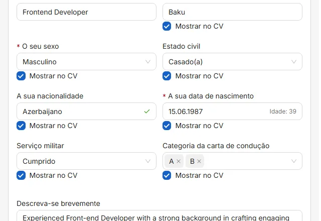 O olho ao lado de um campo decide se este é impresso. Riscado significa que o dado fica na aplicação mas não no CV.