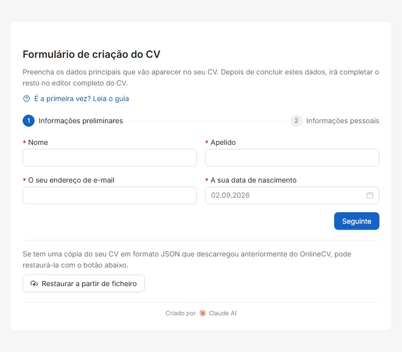 O primeiro ecrã. Nada do que escreve aqui é enviado para outro lado: vai diretamente para o seu próprio navegador.