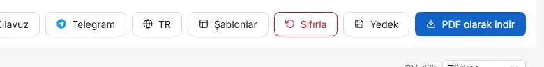 Üst çubuktaki düğmeler: şablon seçin, baştan başlayın, yedek dosyası kaydedin ve PDF'i indirin.