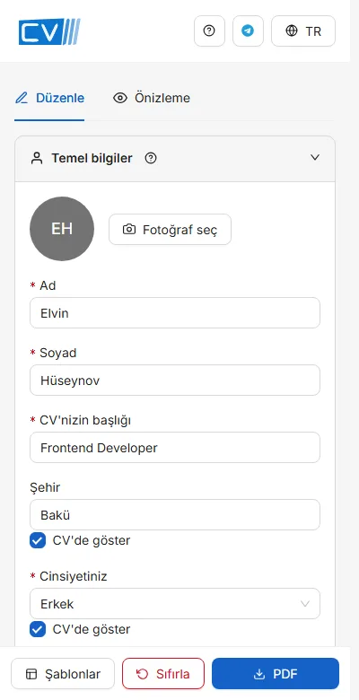 Telefonda form ve önizleme ayrı sekmelerdir, ana düğmeler ise altta sabit durur.